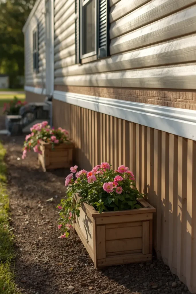 mobile home exterior base, featuring a row of wooden planter boxes 