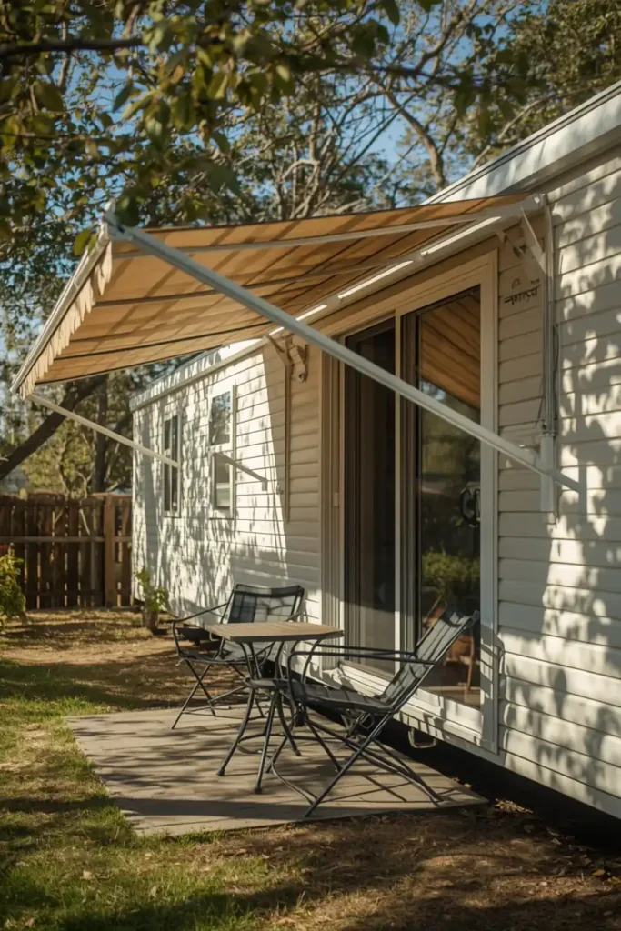  mobile home side exterior, featuring a retractable fabric shade panel 