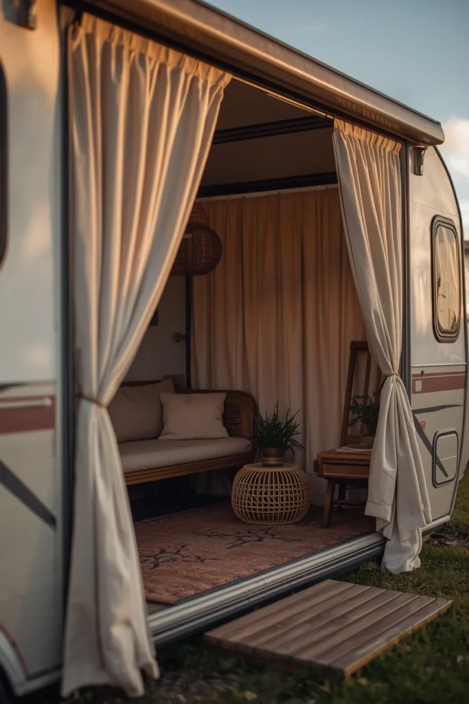 mobile home carport interior, featuring a weather-resistant outdoor rug