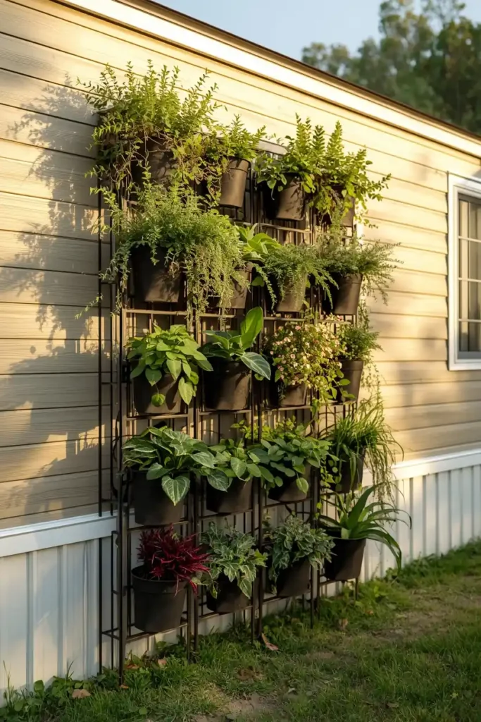mobile home exterior wall, featuring a modular vertical planter system leaning