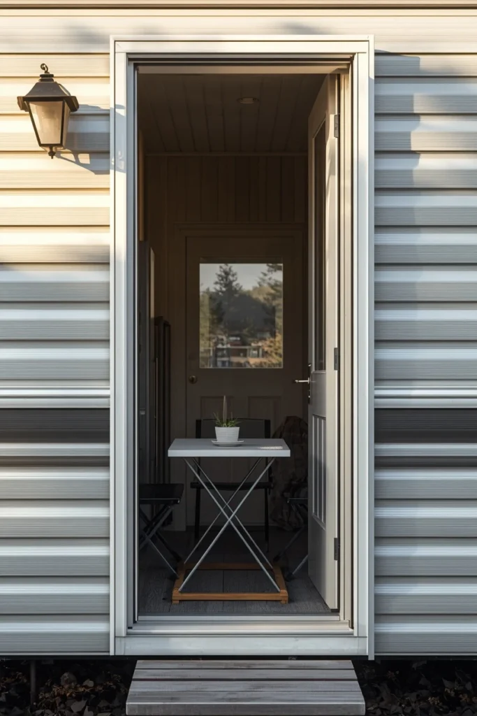  narrow mobile home porch, featuring a slim folding bistro table