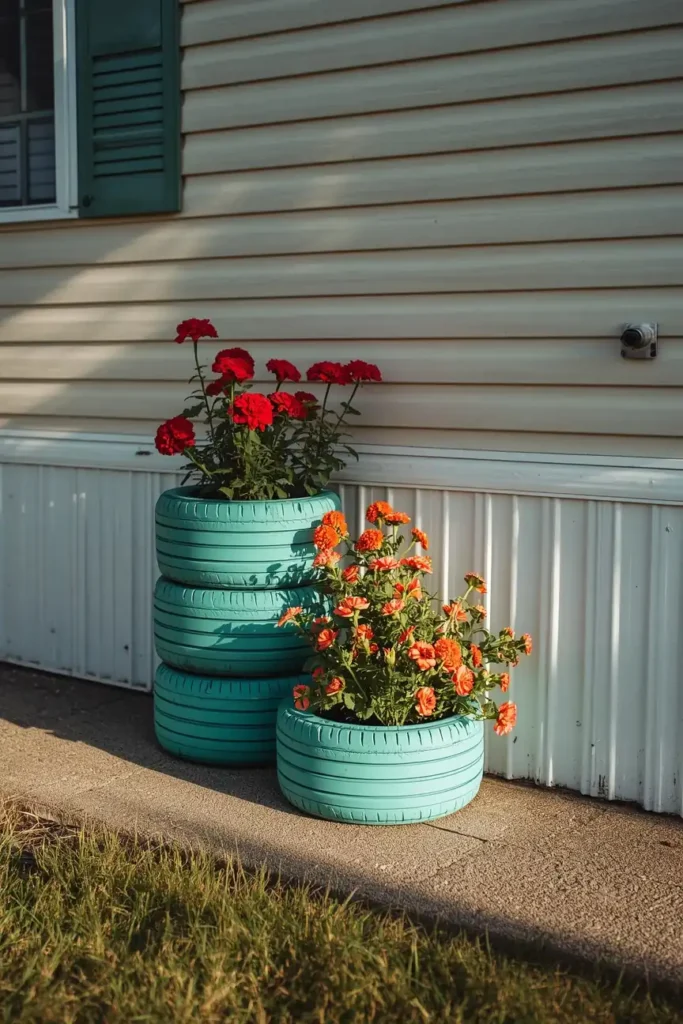 mobile home concrete pad, featuring stacked painted tire planters