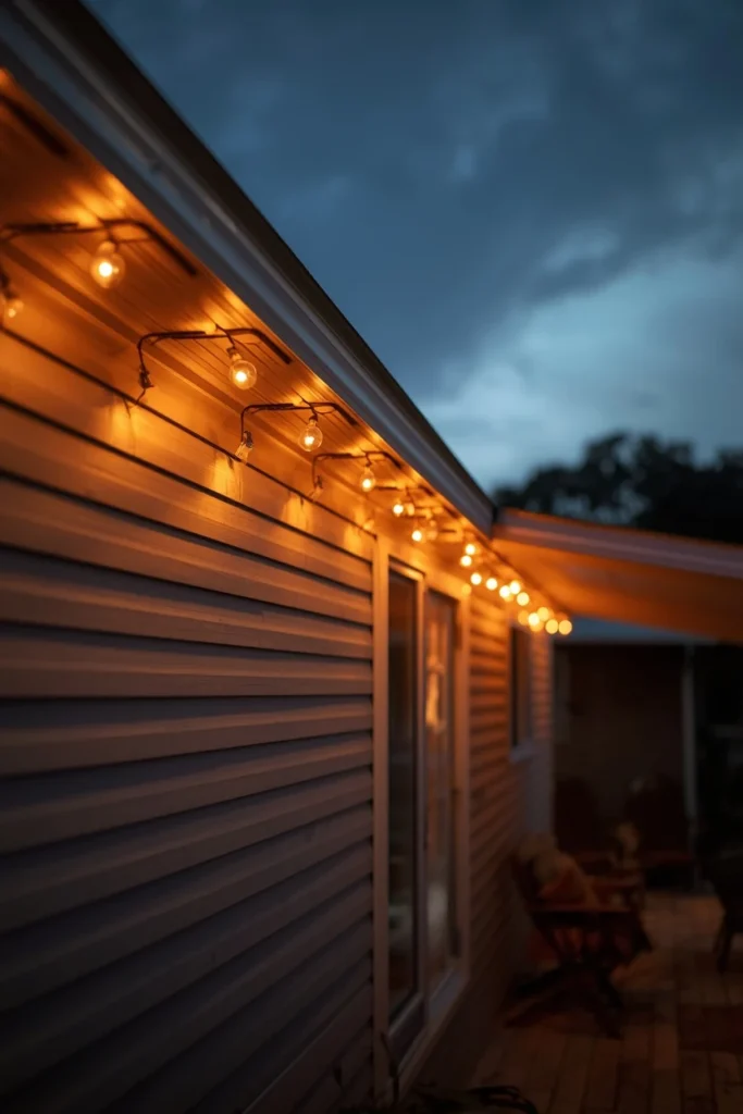 mobile home exterior at dusk, featuring warm string lights clipped 