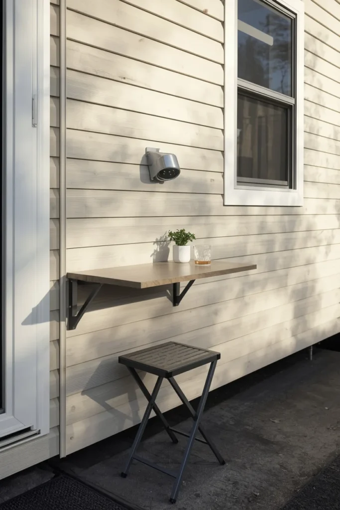 narrow mobile home stoop, featuring a small fold-down table mounted flush