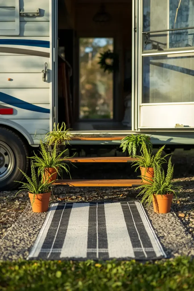 mobile home entry ramp, featuring a striped outdoor runner rug laid 
