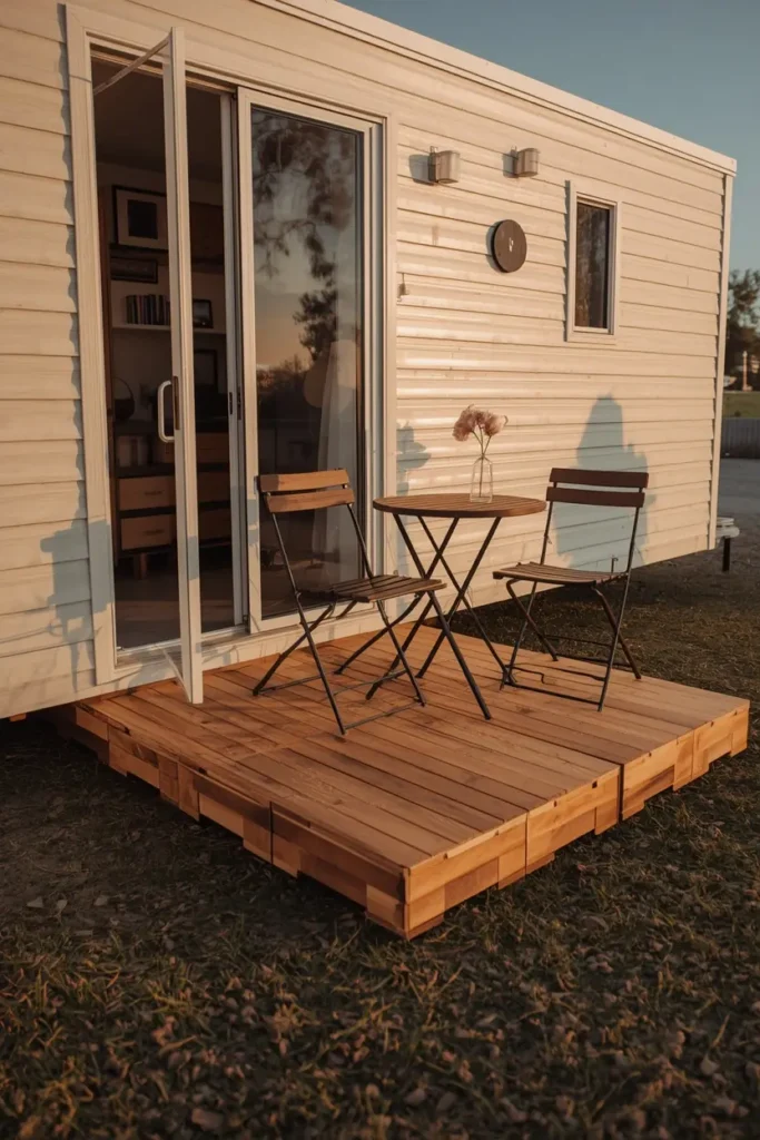 mobile home outdoor space, featuring a freestanding modular deck platform