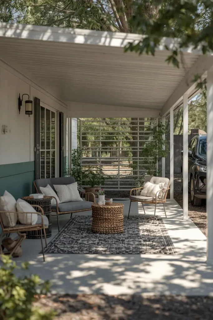 mobile home carport, featuring a cozy seating area set up along one side