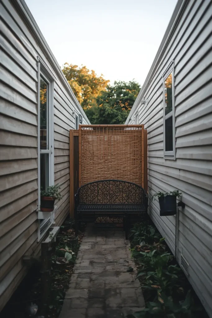 narrow side yard between two mobile homes, featuring a freestanding woven bamboo