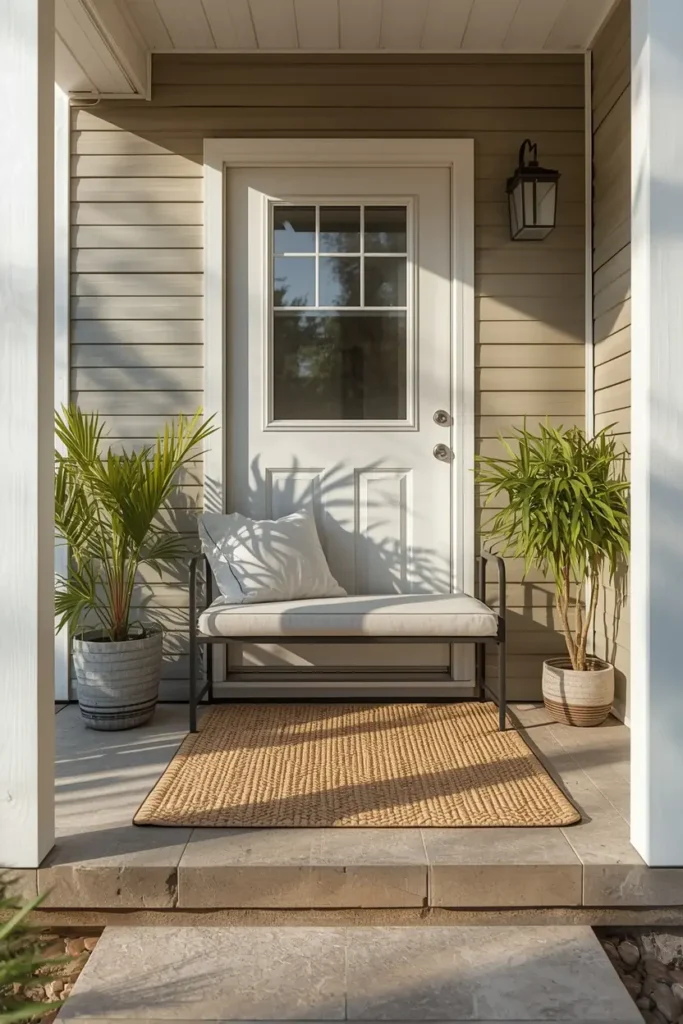  mobile home entry stoop, featuring a small weatherproof bench with a cushion