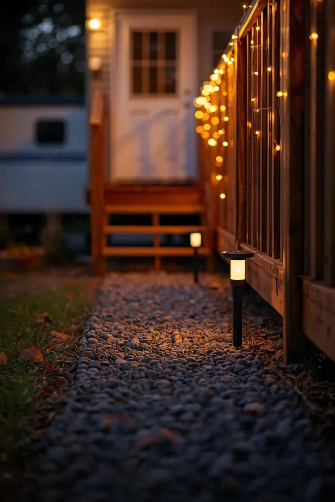  mobile home outdoor walkway, featuring solar path lights staked