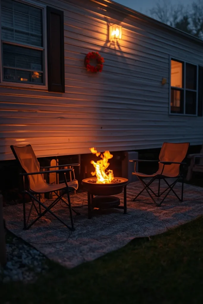 mobile home outdoor space, featuring a small portable propane fire pit 