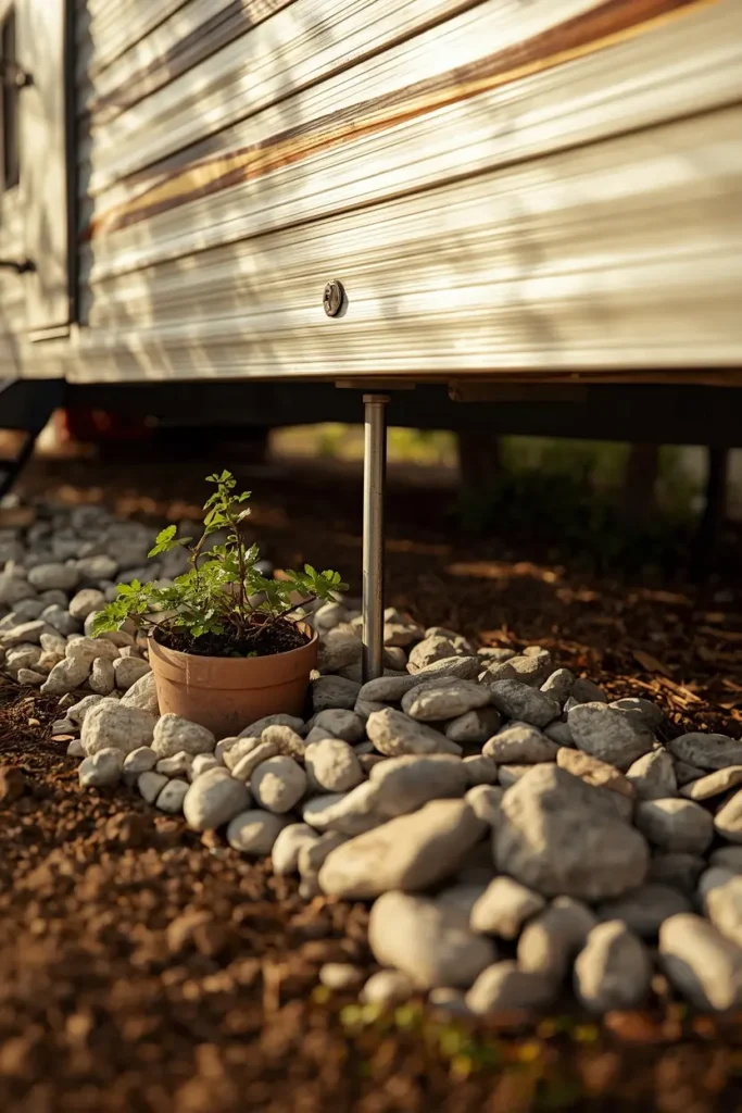 mobile home exterior detail, featuring a ground tie-down anchor