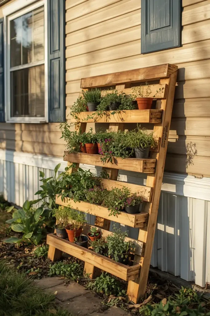 mobile home side yard, featuring a wooden pallet garden